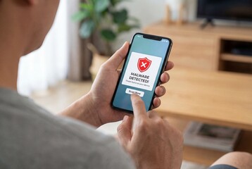 Man holding smartphone with malware detected warning screen and tapping scan button at home