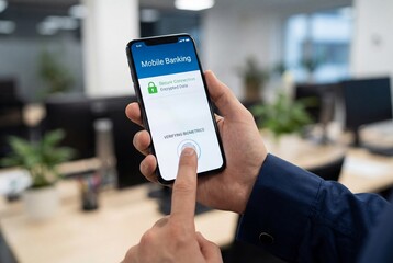 Male hands using fingerprint biometric login on secure mobile banking app smartphone screen