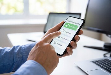 Businessman using project management app on smartphone to organize tasks and deadlines in office