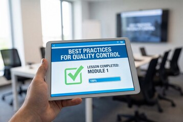 Hand holding white tablet displaying quality control best practices training module in meeting room