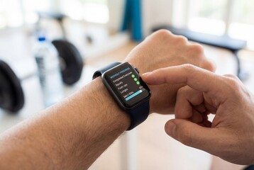 Man checking fitness progress on smartwatch screen with gym equipment and water bottle in background