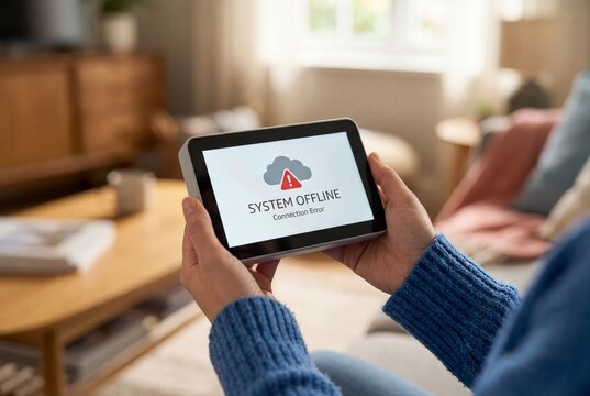 Hands holding smart home control panel displaying system offline and connection error notification
