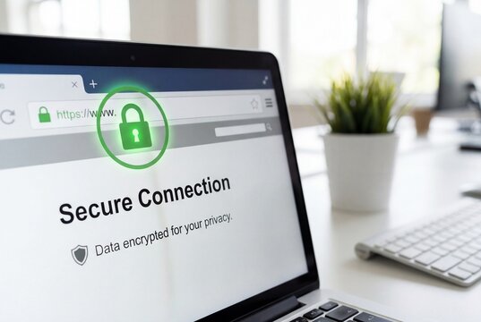 Laptop screen displaying secure connection message with green padlock and encrypted data text - Powered by Adobe