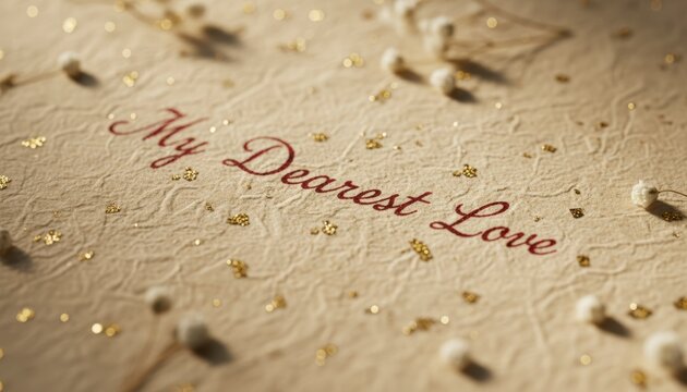 Textured paper with "My Dearest Love" script and scattered gold glitter.