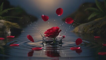 Beautiful red rose and petals splashing into dark water surface with droplets.