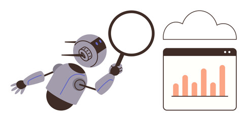 Data analytics, artificial intelligence, cloud computing, research tools, technology, efficiency. Robot examining data chart with magnifying glass. Data analytics and artificial intelligence concept