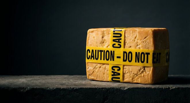 Food Contamination Alert &mdash; Cheese Block Wrapped in Caution Tape