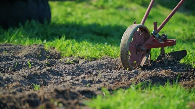 Slow motion close up of manual cultivator lifting and turning soil in sunlight