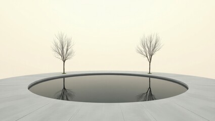 Two bare trees reflecting in a circular pond