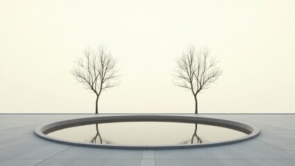 Two bare trees in circular sand basin