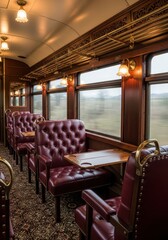 Fototapeta premium Luxurious vintage passenger carriage interior features deep red upholstery and polished wood accents