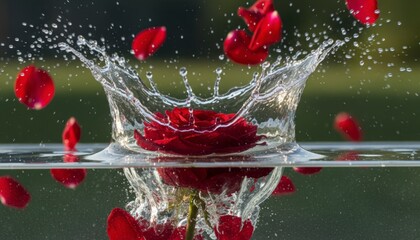 Red rose petals splashing into clear water creating a beautiful crown effect