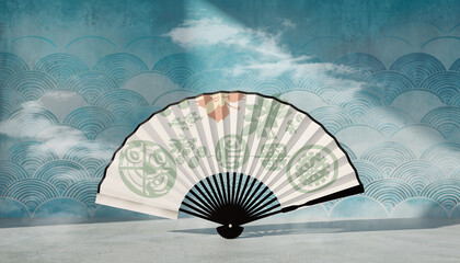 和柄文様と青空背景の扇子：Japanese Pattern Folding Fan
