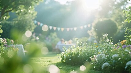 Garden with flowers and hanging flags