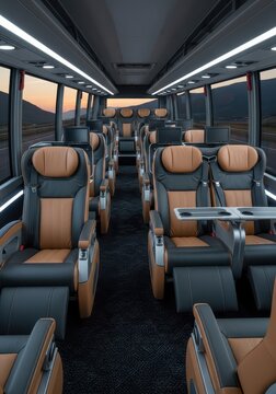 Interior view of a modern luxury passenger transport vehicle showing rows of comfortable seating facing forward