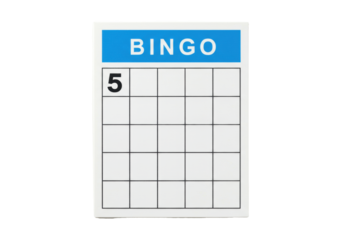 Blank bingo card with a vibrant blue 'BINGO' header, 5x5 grid of empty white squares, on a transparent background with copy space, concept of games and entertainment