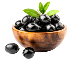 Shiny black olives fill a wooden bowl with green leaves on transparent background