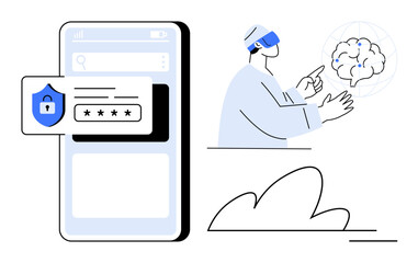 Cybersecurity, virtual reality, technology, data protection, online privacy, future innovations. Person using VR interacting with a digital brain. Cybersecurity and virtual reality concept