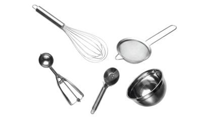 a collection of stainless steel kitchen utensils including a whisk, sieve, ice cream scoop, pizza cutter, and small bowl, isolated on a transparent background.