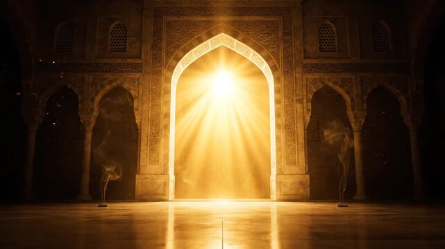 A majestic light shines through an arched doorway in a grand architectural structure