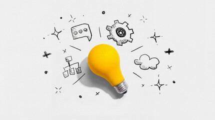 bright yellow light bulb symbolizing an idea, surrounded by hand-drawn icons of communication, gears, and structure on a white background.