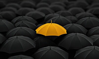 A vibrant yellow umbrella stands out amidst a sea of closed black umbrellas in a unique visual