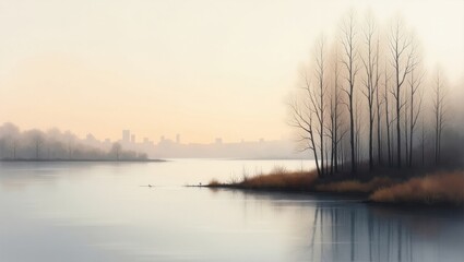 Serene lakeside in early morning mist