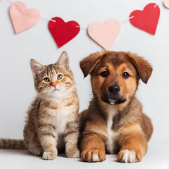 Cute kitty and dog with heart decorations on white background, Valentine's Day concept, copy space