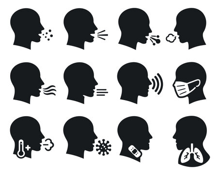 Silhouette health icon set featuring respiratory symptoms, disease, and prevention for public health information