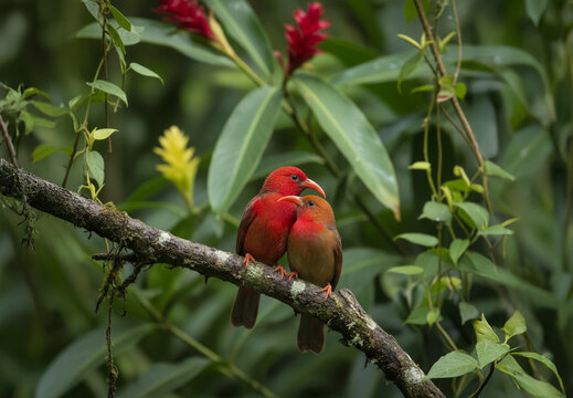 ʻIʻiwi Birds Perched in Green Foliage in Kauai Hawaii