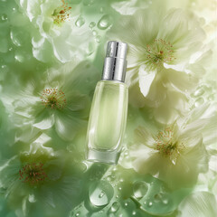 Skincare product bottle among white flowers and water drops