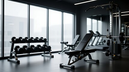 Contemporary empty gym interior with benches dumbbells cable machines and treadmills