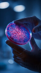 Scientist holding a petri dish with glowing cells in a laboratory setting