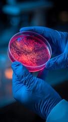 Scientist holding petri dish with glowing red cells in laboratory setting