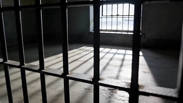 Dark prison cell with strong shadows from barred window symbolizing confinement and justice.