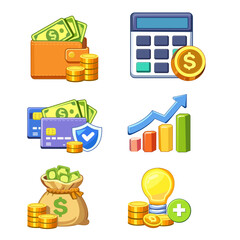 A high-quality set of financial icons featuring a wallet with cash, calculator with coins, secure credit cards, growth bar chart, money bag, and a creative bulb for investment ideas. Perfect for finte
