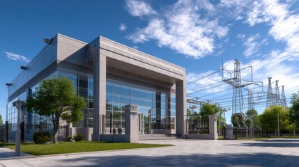 Obraz premium Modern Power Station Exterior with Clear Blue Sky and Surrounding Greenery in Daylight