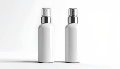 Two white bottles of liquid spray isolated against a seamless, bright white background