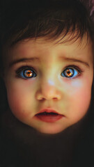A close-up portrait of a baby with heterochromatic eyes looking directly at the camera in a dark environment
