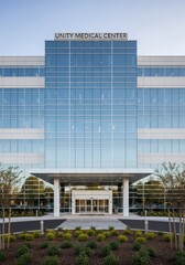 Fototapeta premium Modern professional facility entrance features expansive glass facade and surrounding landscaping under bright sky