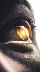 A close-up view of a human eye with a bright yellow iris gazing intensely forward in a dramatic lighting setting.