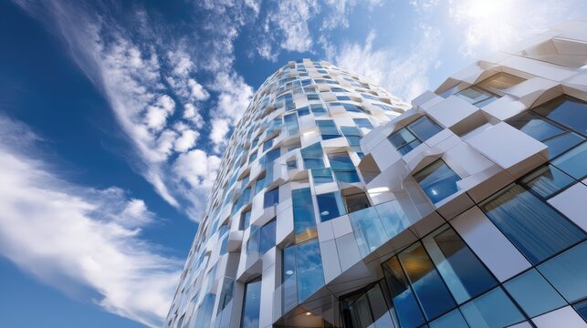 Modern architectural design of a skyscraper with blue skies and clouds in the background showcasing innovative urban construction methods