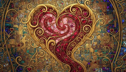 Ornate Golden Filigree Heart Design in Stained Glass Mosaic Style