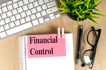 Financial control phrase on pink note attached to notebook with keyboard, pen, glasses and plant on desk