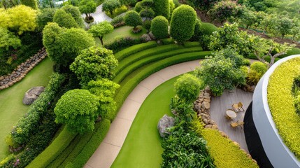 Serene Aerial View of Lush Green Garden Pathways and Well-Maintained Landscapes in Urban Environment