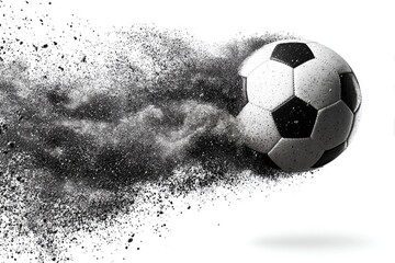 Naklejka premium Soccer ball breaks apart into a dark cloud of particles on a clean white background