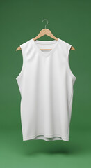 A white sleeveless shirt hanging from a wooden hanger against a green background