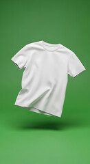 A white t-shirt floating against a vibrant green background, viewed from a straightforward angle.