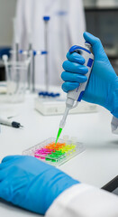 Scientist conducting laboratory experiment with pipette and colorful samples