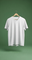 A white t-shirt hanging from a wooden hanger against a green background